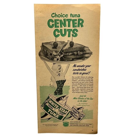 White Star Tuna Vintage Print Ad 1950s Mermaid sandwich Retro Kitchen Design - Picture 6 of 6